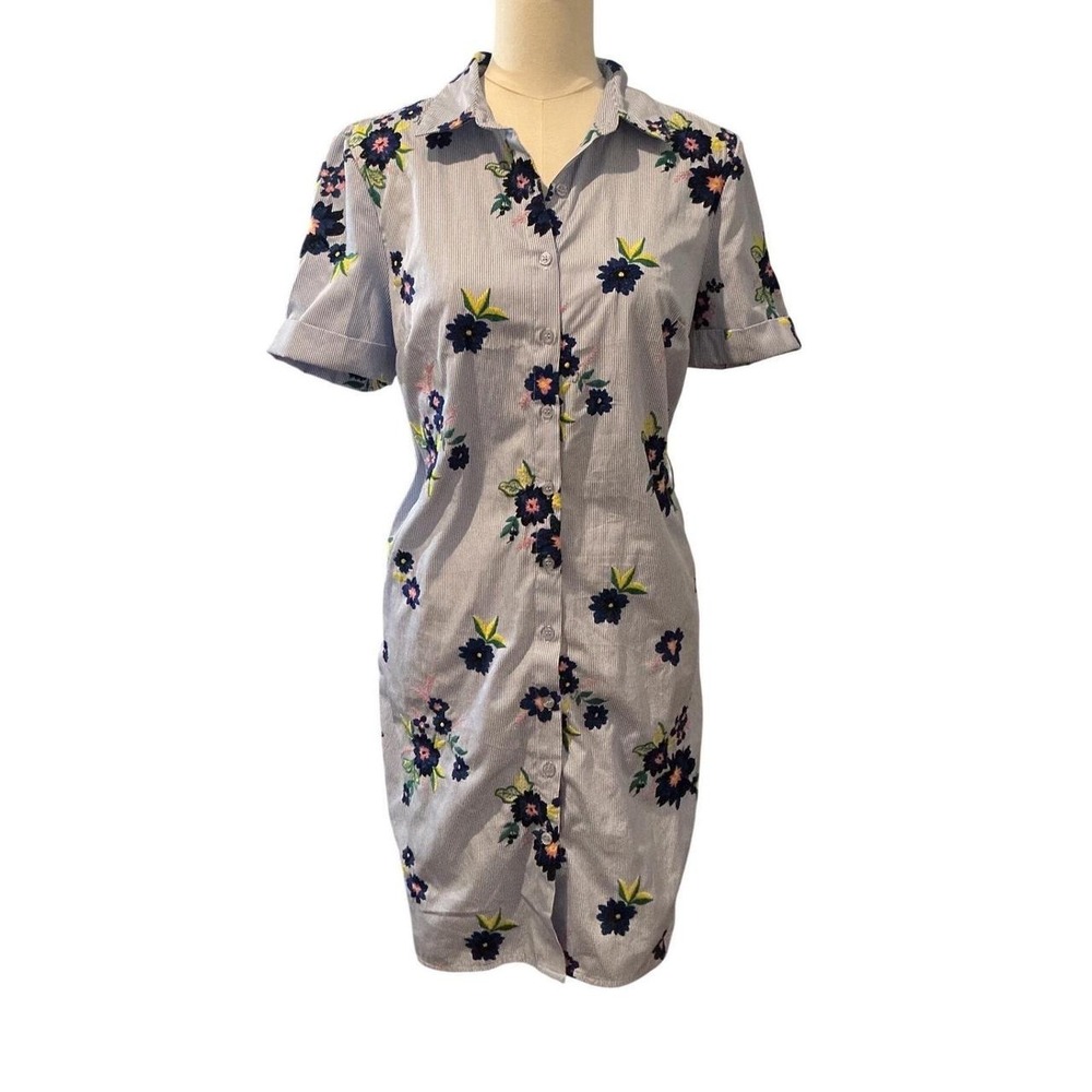 ECI New York Shirt Dress 8 Blue White Floral Pinstripe Excellent Embroidered